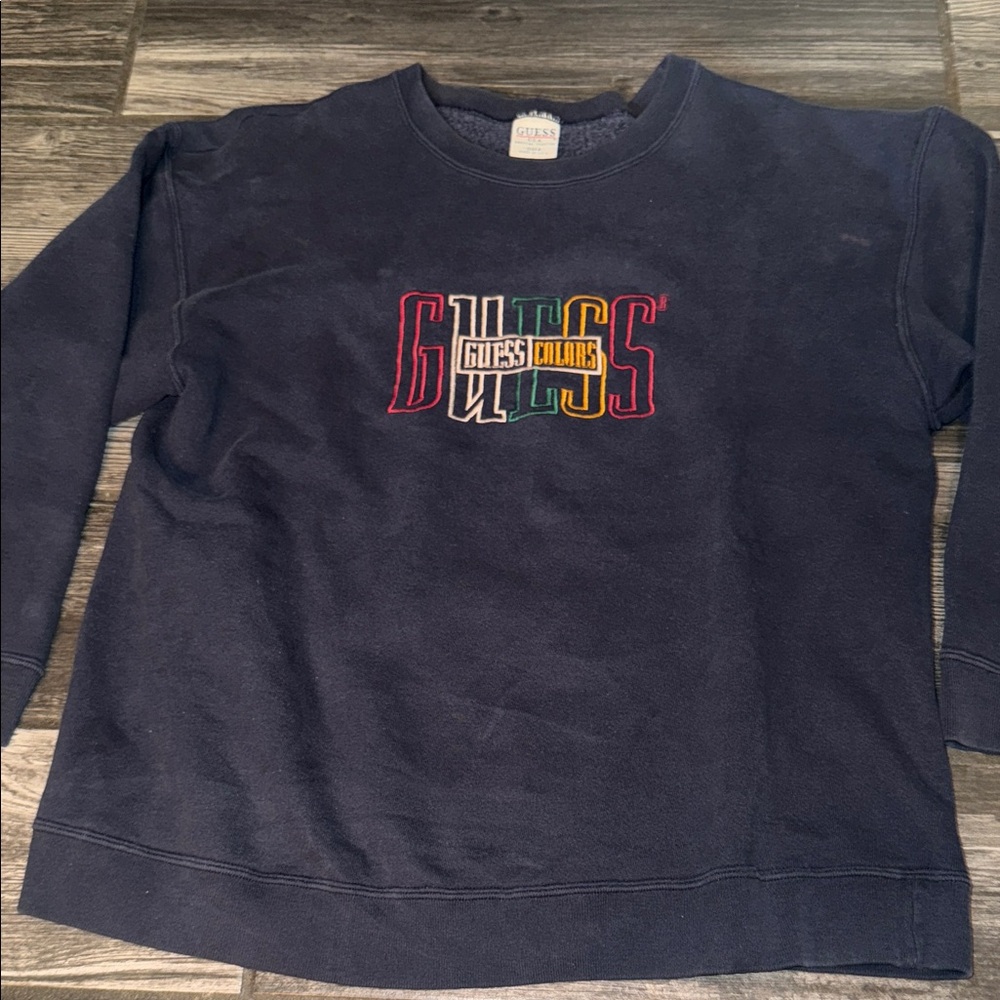 GUESS Navy Crewneck Sweatshirt with Multicolor Logo vintage medium